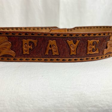 Vintage hand tooled leather belt~ Faye~ engraved name Rockabilly western wear Women’s brown belt strap (no buckle) size S/M 