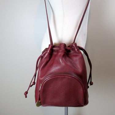 Maroon Genuine Leather Bucket Bag Sereta Crossbody Purse Vintage Drawstring Shoulder Bag 1990s Satchel Carryall Tote Red Wine Leather Purse 