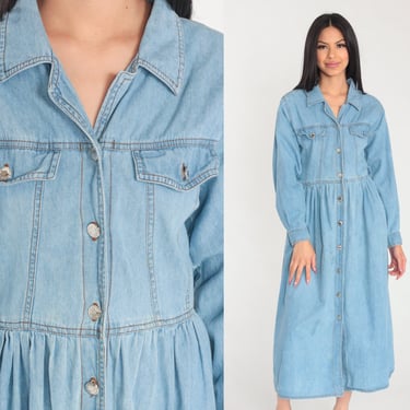 Denim Midi Dress 90s Blue Jean Shirtdress Button Up High Waisted Long Sleeve Collared Retro Pocket Day Dress Cotton Vintage 1990s Medium M 