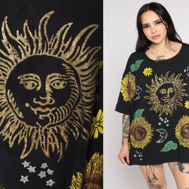 Celestial Shirt Gold Sun and Moon Shirt 90s Sunflower Tshirt Floral Top Metallic Graphic Top Black T Shirt 1990s Vintage Extra Large xl 1x 