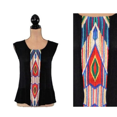90s Y2K Summer Blouse XS Small, Aztec Embroidered Black Sleeveless Top, Crinkle Tank Shirt with Scoop Neck, Casual Vintage Clothes for Women 