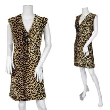 Miss Finale 1960's Faux Fur Leopard Print MOD Go-Go Shift Dress I Sz Lrg 