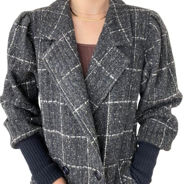 Vintage Womens Navy Gray Wool Tweed Checkered Thinsulate Long Trench Coat Sz M 