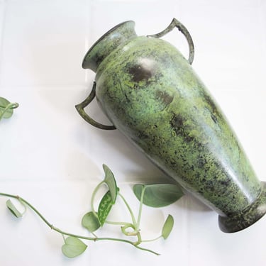 Vintage Greek Roman Style Amphora Double Handle Vase - Verdigris Classical Aged Metal Vase - Academia Decor 