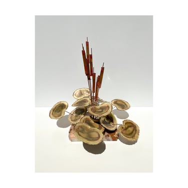 Vintage MCM 70s Brutalist Brass Flower Sculpture With Marble Base Signed Steve Anderson Mid Century Modern 