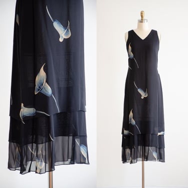 black maxi dress 90s y2k vintage silk chiffon calla lily sleeveless dress 