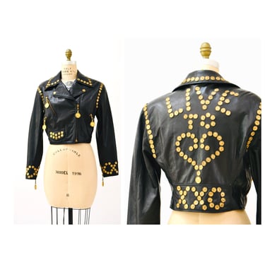 90s Vintage Moschino Leather Motorcycle Jacket Live to Love XOXO Heart Black Gold Coin Metallic Leather Jacket Moschino Cheap & Chic Medium 