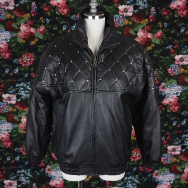 Vintage 90s Bagazio Quilted and Studded Black Leather Bomber Jacket 