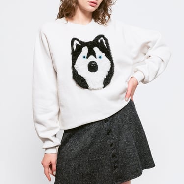 XL 90s Husky 3D Graphic Sweatshirt | Vintage White Plush Dog Breed Raglan Crewneck 