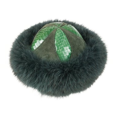 ABC Fur 1980s Vintage Dark Green Snakeskin Suede Fox Fur Brim Hat 