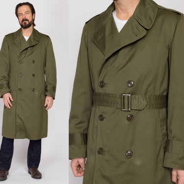 Medium 1950s US Army 107 Belted Trench Coat | Vintage 50s Military Lined Overcoat Olive Drab Long Jacket 