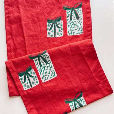 presents on red. hand block printed table runner. linen tablecloth. boho christmas decor. holiday party. hostess gift. midcentury modern. 