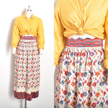 Vintage 1960s Skirt / 60s Zig Zag Floral Embroidered Skirt / White Red ( XS extra small ) 