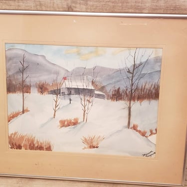 Beautiful framed Rural Winter Scene watercolor signed by artist 