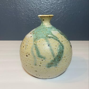 Vintage Studio Pottery Bud Vase - Speckled Stoneware with Green Drip Glaze - Handmade Rustic Ceramic 