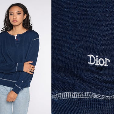 Christian Dior Sweatshirt Henley Sweatshirt Button Up Navy Blue Shirt 1990s Plain Pullover Retro 1980s Designer Normcore Large L 