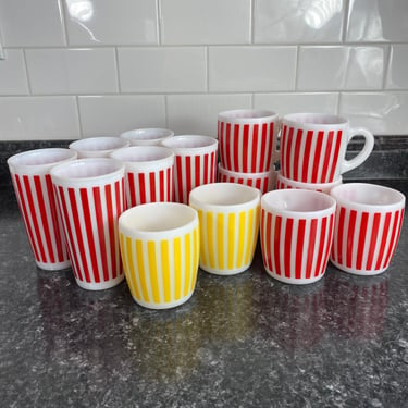 Vintage Hazel Atlas Candy Stripe Mugs and Tumbler Sets | Hazel Atlas White Milk Glass Red Stripes Yellow Stripes | Sold in Sets of 2 