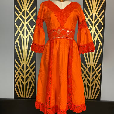 1960s orange dress, Mexican wedding, bell sleeve, vintage 60s dress, pin tucked, crochet lace, size medium, bohemian, hippie style, boho, 29 