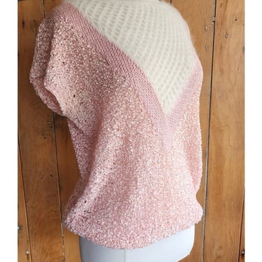 Vintage 80s Pink Knit Top White Angora Short Sleeves Signatures 