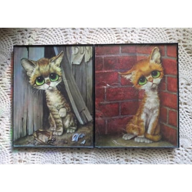 Vintage Big Eye Art Wall Hangings Set - Pity Kitty Sad Eyed Cats Litho Kittens by Gig 