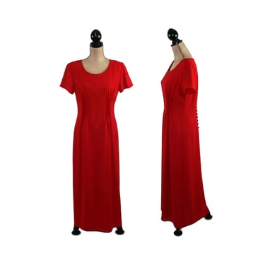 90s Long Modest Evening Dress Medium, Formal Cocktail Red Mother of the Bride Short Sleeve Maxi, POSITIVE ATTITUDE Vintage Clothes for Women 