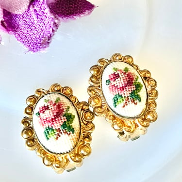 Vintage Artisan Earrings, Petit Point Stitching, Floral Design, Clip On,  50s 60s 