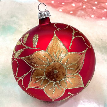 VINTAGE: 4" Hand Blown Christmas Poinsettia Bell Ornament - Hand Decorated - Christmas Holidays Xmas 