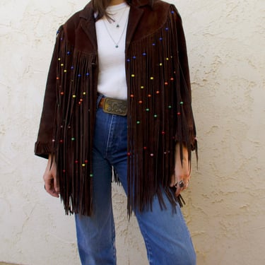 Vintage 70’s Pioneer Wear Suede Leather Beaded Fringe Jacket 