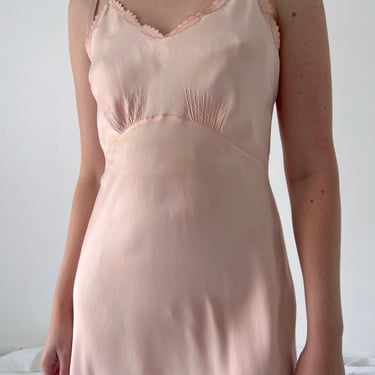 Handmade 1930's Pink Silk Spaghetti Strap Slip with Leaf Embroidery