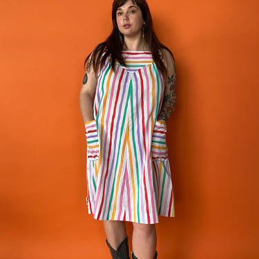 *needs mending* 1970s Rainbow Striped House Dress, sz. 2XL