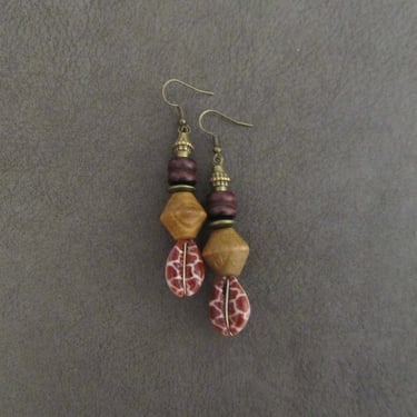 Cowrie shell earrings, wooden earrings, African Afrocentric earrings, seashell earrings, exotic ethnic earrings, animal print earrings 