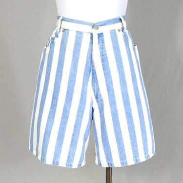 90s Striped Shorts - 30" waist - White & Blue Stripes - High Rise - Cotton Denim Jean Style - Midwestern Jeans Co - Vintage 1990s - M 