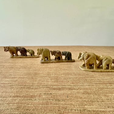 Vintage Carved Stone Elephant Family Trio Sculptures - Set of Three 