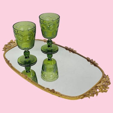 Vintage Matson Mirrored Tray Retro 1960s Hollywood Regency + Gold Metal + Bird and Flowers Trim + Oval Mirror + Vanity Decor/Perfume Display 