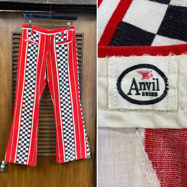 Vintage 1960’s w28 Pop Art Racing Stripe Mod Flare Glam Cotton Pants, 60’s Hip Huggers, 60’s Checkered Flag, Vintage Clothing 