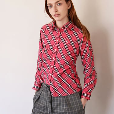 Vintage BURBERRY Hot Pink Haymarket Check Button Down Top Plaid Y2K Nova Horse Fitted Polo Minimal 