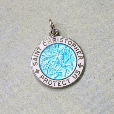 Vintage Sterling Blue and White Enamel Saint Christopher Pendant, Old St. Christopher Medal (#4371) 