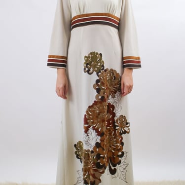 1970s Shaheen Brown and White Floral Maxi Hostess Dress