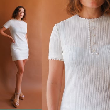 Vintage 70s Ivory Mini Dress/ 1970s Short Sleeve Boucle Dress/ Size XS Small 