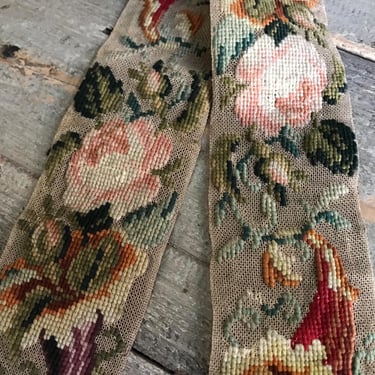 French Floral Petit Point Embroidery Trim, 22 Inch Remnant, Period Project Trim, 19th C Antique Textiles 