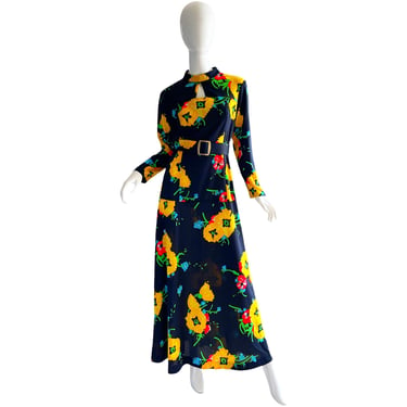 70s Psychedelic Poppy Print Dress / Deadstock Vintage Flower Keyhole Maxi Dress / 1970s Hostess Party Dress Medium 