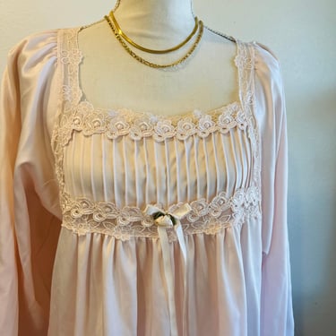 Vintage Judith Hart Pale Pink Silky Lace Trim Long Sleeve Maxi Slip Dress Size L 