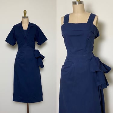 Vintage 1940s Dress and Jacket Set 40s Sundress Navy Cotton Outfit 