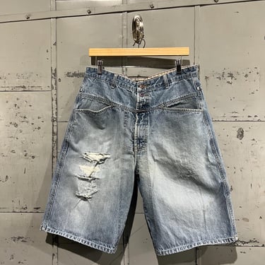 size 33 90s light wash Marthé Girbaud francois denim shorts distressed jorts 1990s 