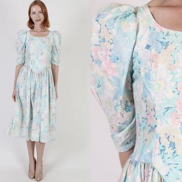 Vintage 80s Pastel Floral Dress / Summer Day Garden Party Outfit / Sexy Open Cut Out Back / Pale Romantic Full Skirt Midi 