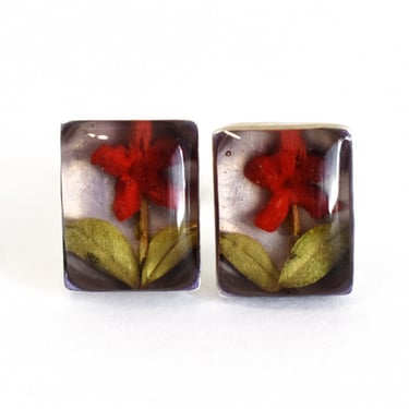 70's sterling & real flowers in resin studs, charming floral 925 silver earrings, original box 