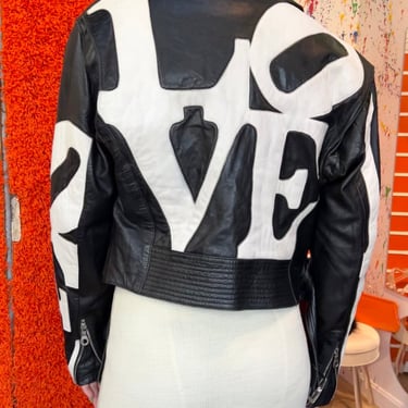 80’s/90’s Michael Hoban North Beach Leather LOVE Robert Indiana Black and White Appliqué Leather Motorcycle Jacket