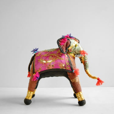 Vintage Stuffed Elephant Indian Folk Art Toy, Banjara Soft Sculpture Animal from India 
