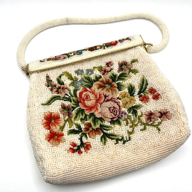 Stellar Micro Beaded Petit Point Embroidered Purse Beaded Handle and Foldover Clasp 