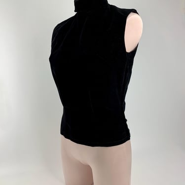 1950'S Velvet Sleeveless Shell - Black Cotton Velvet - Fitted Bodice - Turtle Neck - Back & Side Zippers Women's Size SMALL 